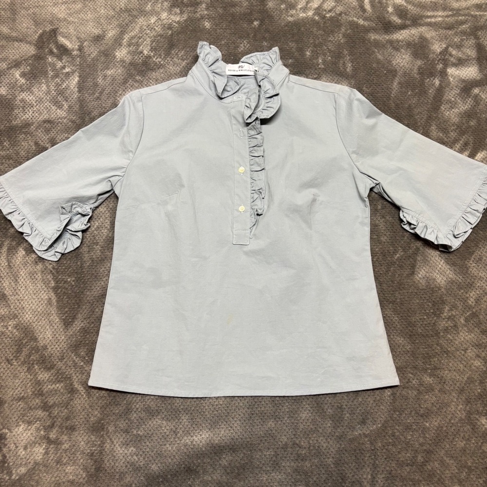 Never A Wallflower Womens Blue Ruffle Neck Cotton‎ Poplin Blouse XS Short Sleeve
